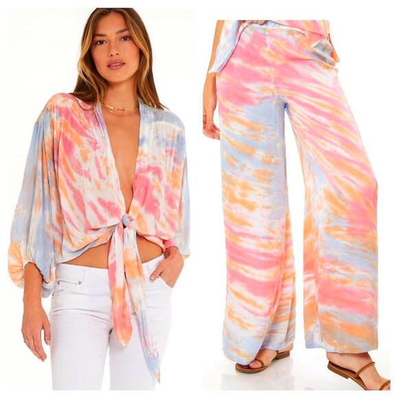 New YFB XS Silky Tie Dye Set Carmen Tie Front Top Aiko Wide Leg Pant Young Fabul - Picture 1 of 12